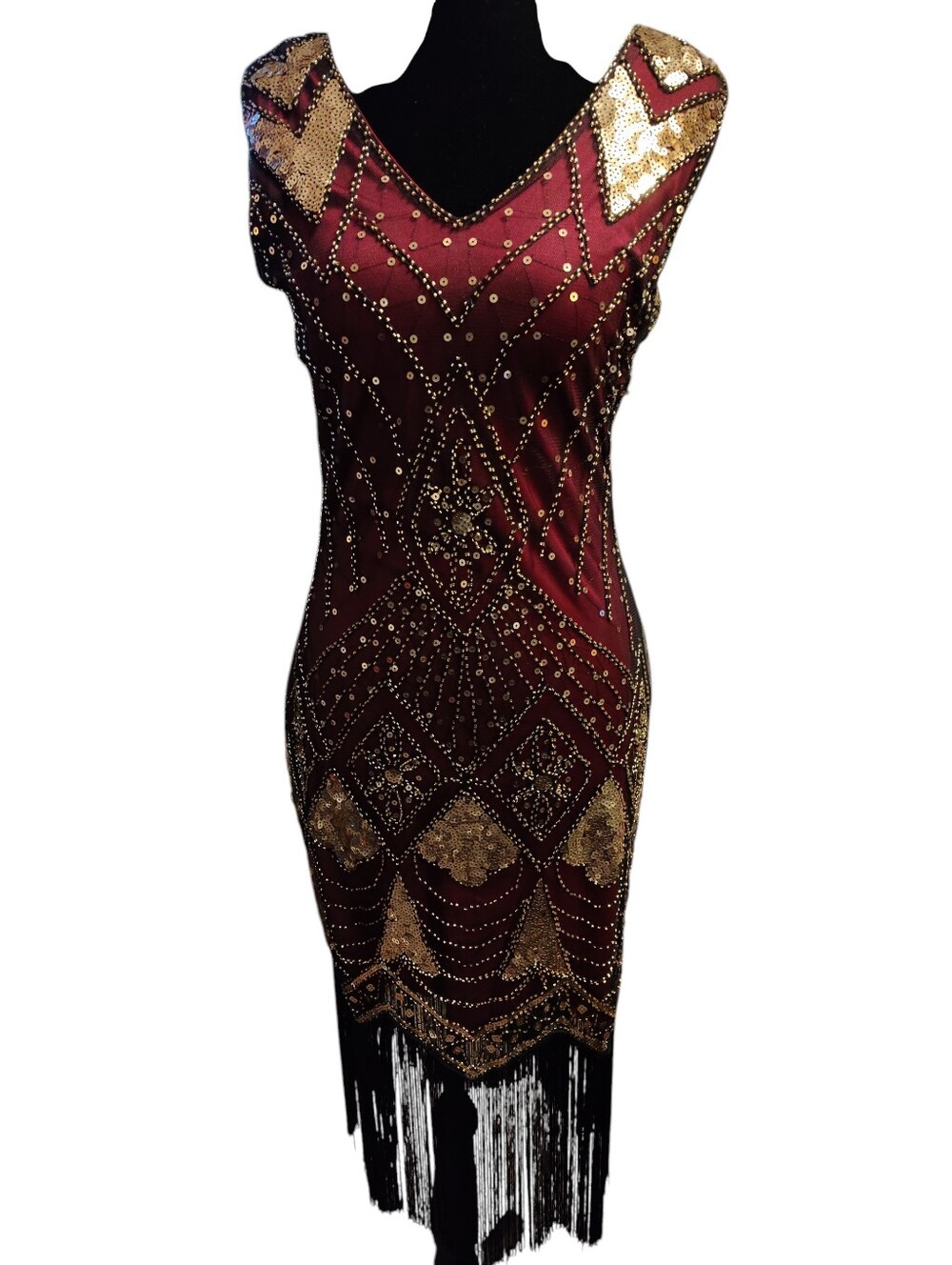 BabeYound Beaded Burgundy and Gold Fringe Evening Dress, Beautiful! Size S/